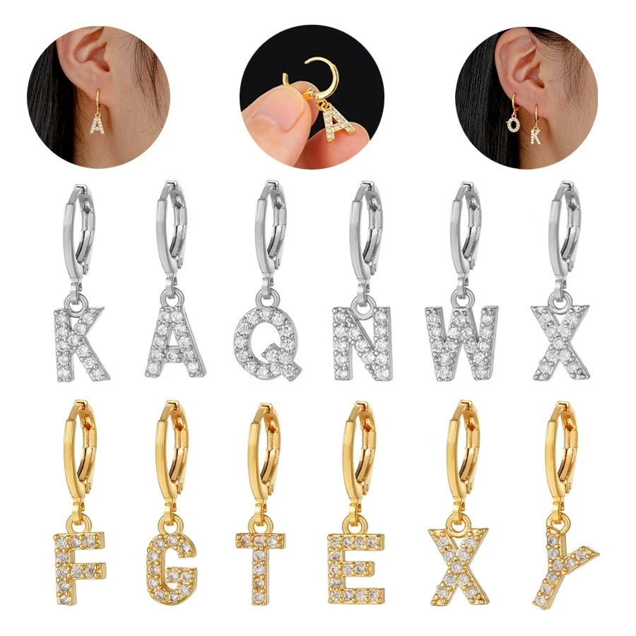 European and American Fashion Earrings Zircon Earrings Stainless Steel 26 English Letters Inlaid Zircon Earrings Studs Hoops