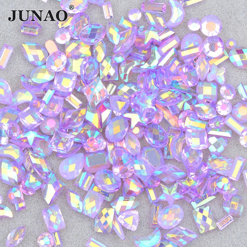 JUNAO Mix Shape Crystal Transparent AB Rhinestones Resin Non Hotfix Stones Mix Size Flatback Crystals Rhinestones Bulk
