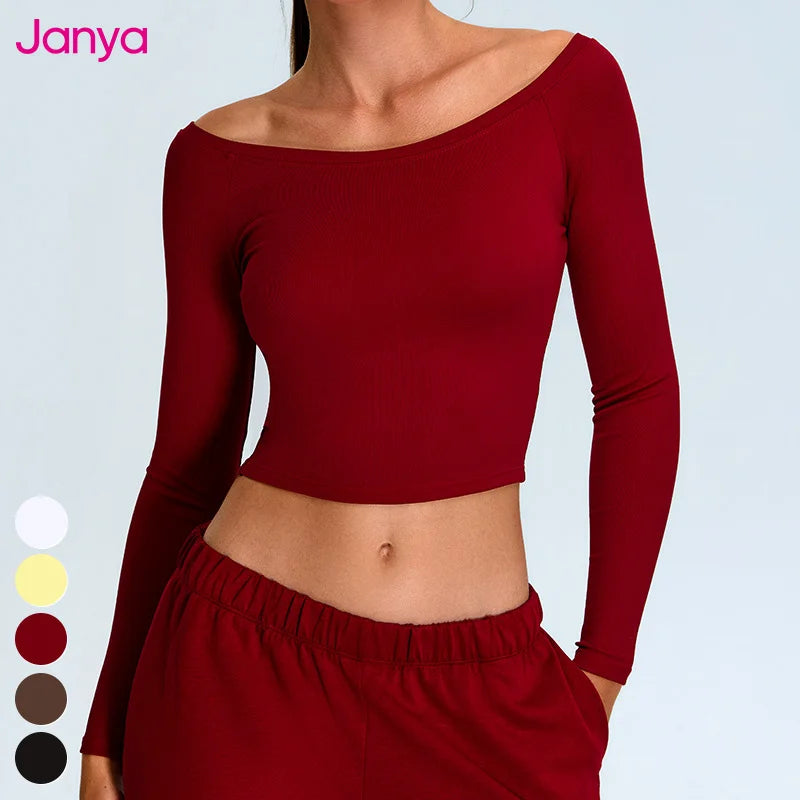 Janya Women's Long Sleeve Gym Sports Top Off Shoulder Quick Dry Breathable Running Shirt Ribbed Fitness Yoga Shirt for Adults