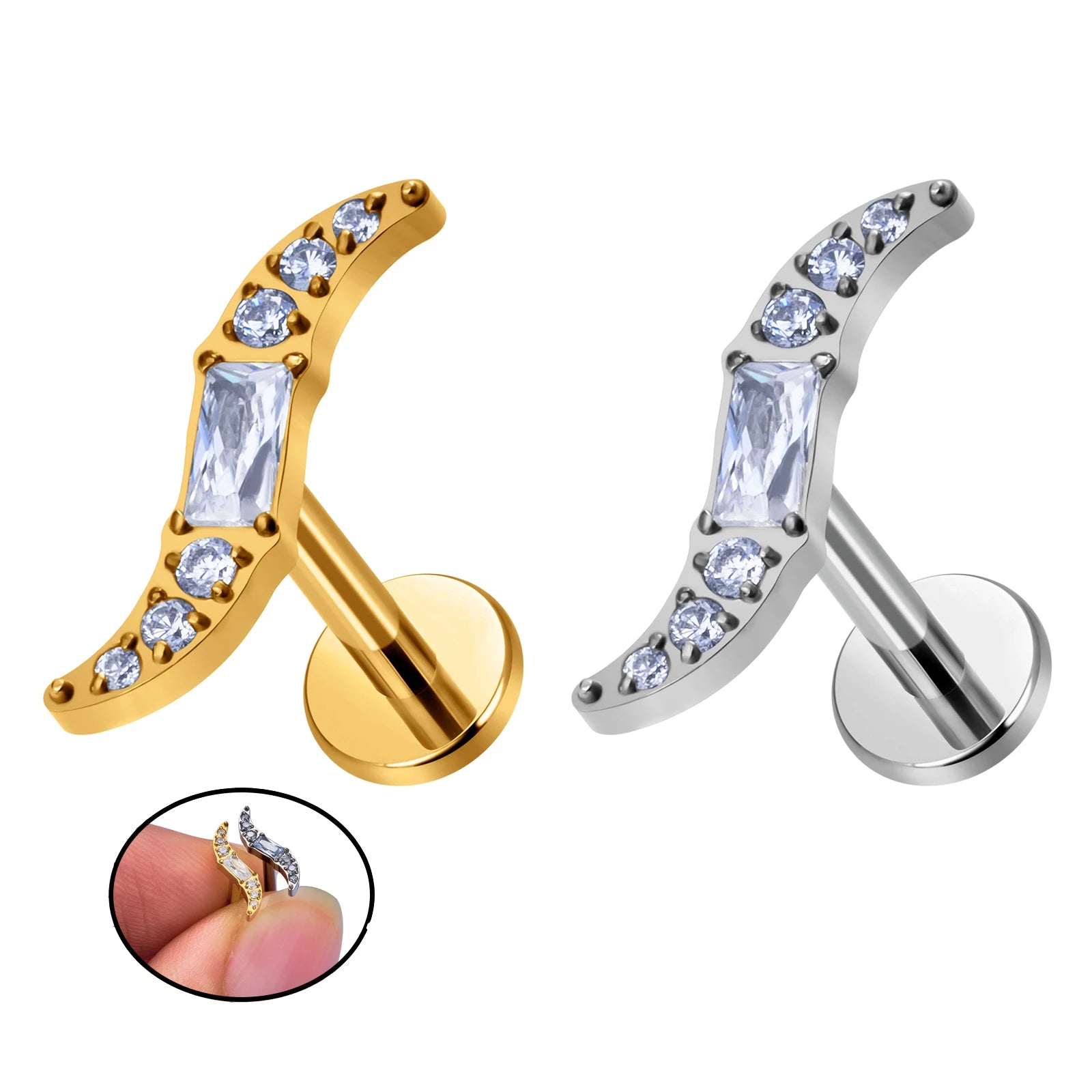 ASTM F136 Titanium 16G Ear Studs S Shape Zircon Top Ear Cartilage Tragus Helix Conch Ear Lobe Labret Lip Body Piercing Jewelry