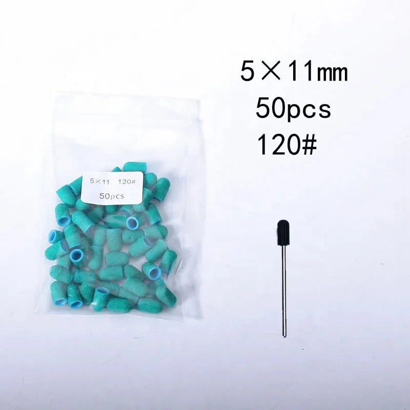 50PCS Green Nail Sanding Caps Bands With Rubber Drill Polishing Nail Art Rotating Remove Burrs Manicure Pedicure Accessory Tool