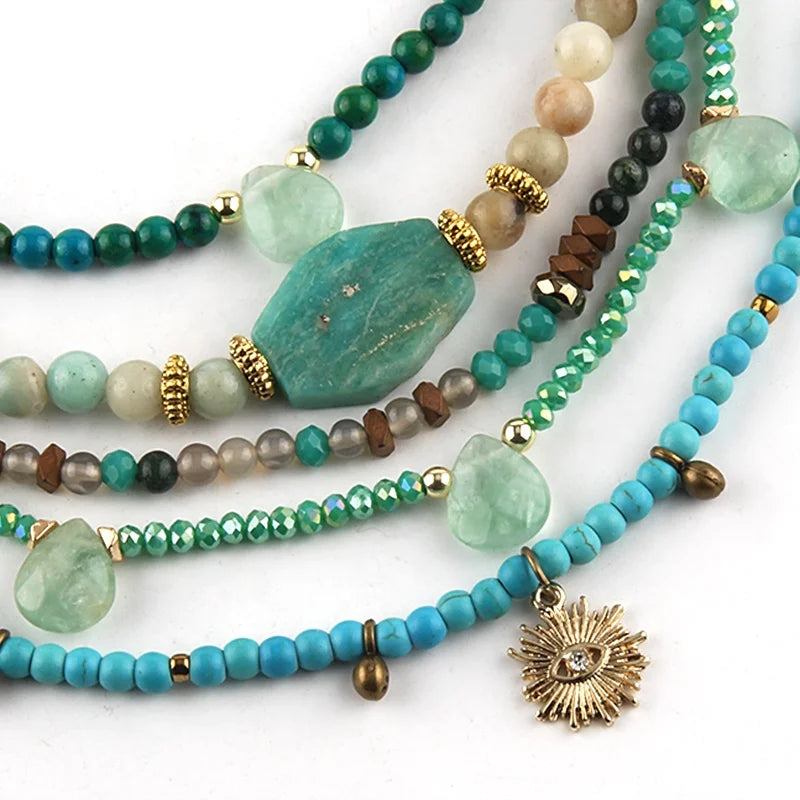 Fashion Women Green Style Jewelry 4mm Nature Stone Crystal Glass Necklace Drop Stone Charm Choker Necklace