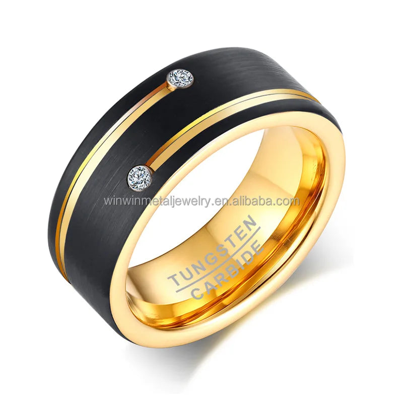 8mm Black 18K Gold Plated Tungsten Hip Hop Trendy Ring Grooved Brushed Matte Finish for Wedding Engagement Party Gift Children