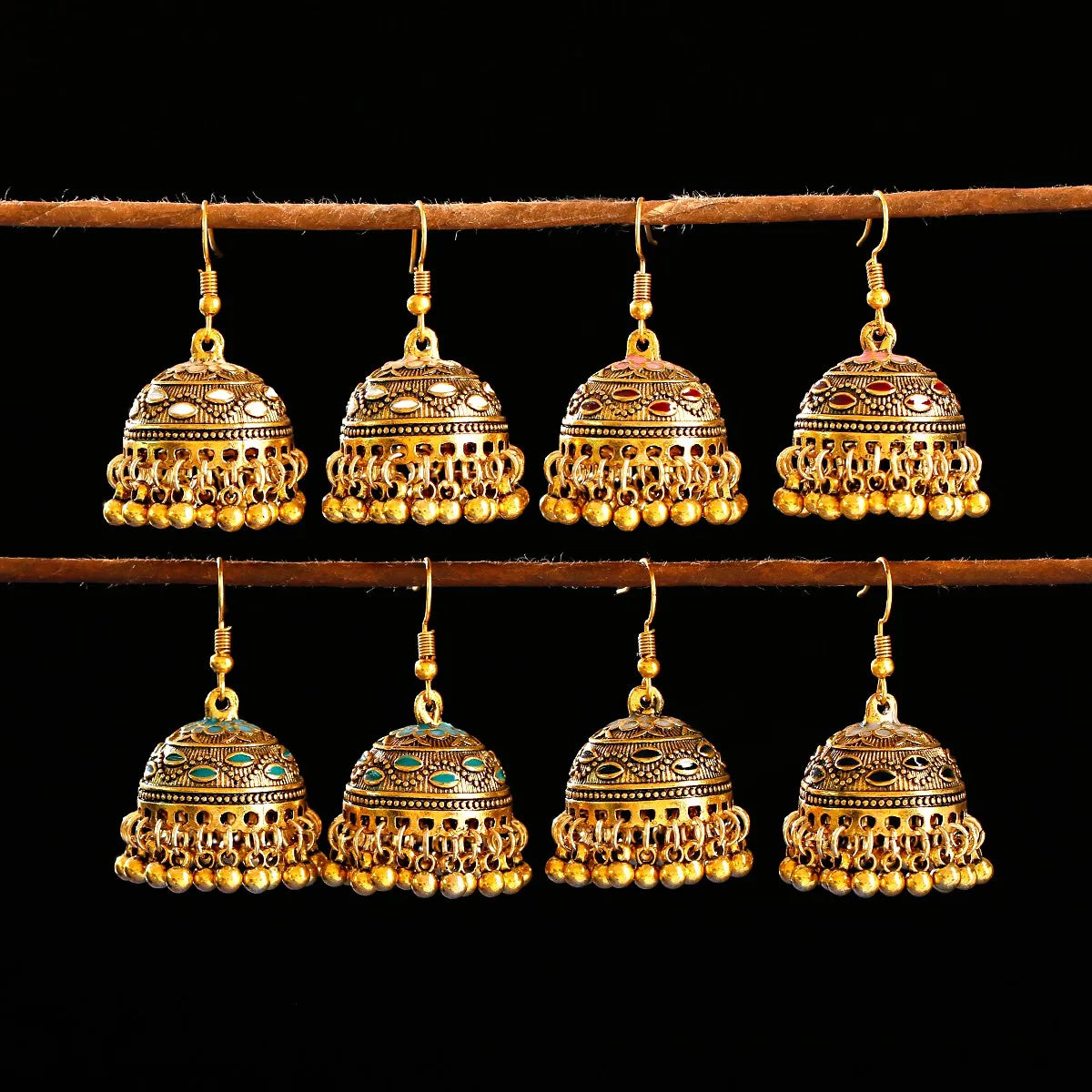 Douvei Gold Plated Golden Round Bead Bohemian Fashion Bells Charms Dangle Hoop Earrings Ladies Jewelry Alloy Earrings