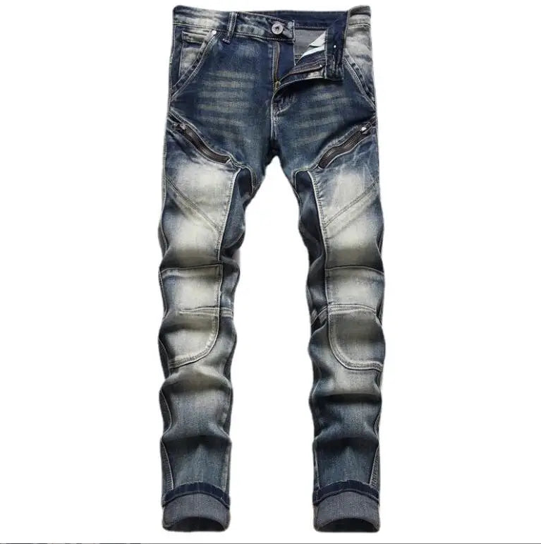 RNSHANGER Men Retro Zipper Jeans Pants Slim Straight Frayed Biker Denim Jeans Men Skinny Trousers Pantalones Hombre