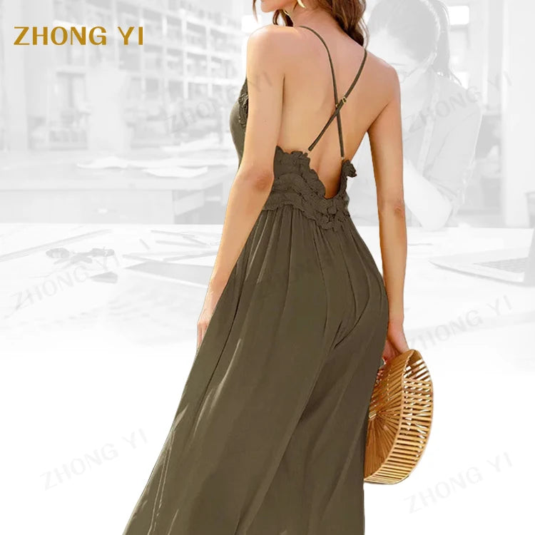 Clothing Factory Wholesale Custom Women Summer Fall Peplum Solid Color Backless Loose Casual Wide Leg Pants Long Jumpsuit Romper