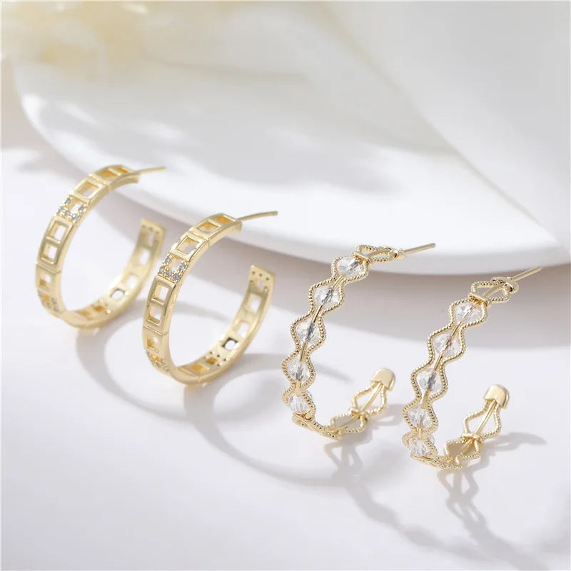 Jiexing Jewelry Big Hollow C-shape Studs Earrings 14K Gold Plate S925 Silver Needle Women Fashion Jewelry Accessories