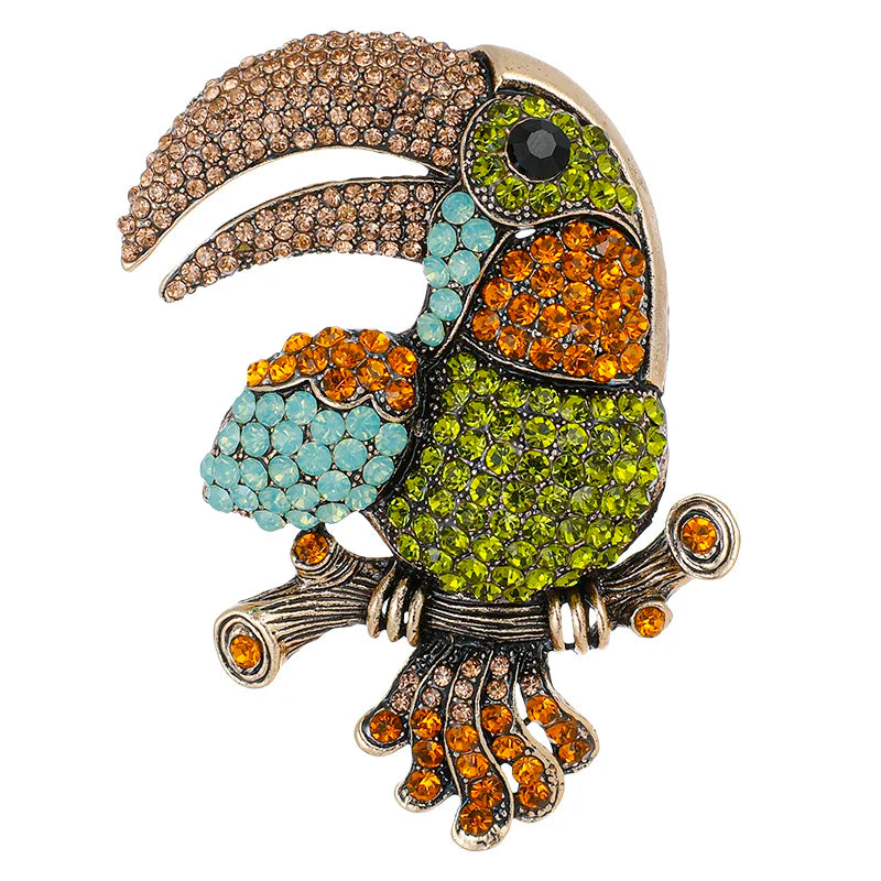 Vintage Elegant Animal Brooch Pin Exaggerated Mixed Color Rhinestone Parrot Brooch Women