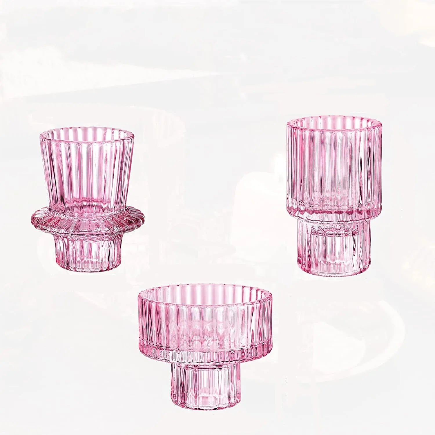 Pink Glass Candlestick Holders Set of 3 for Taper & Pillar Candles-Wedding & Valentine's Day Eco-Friendly Home Decor