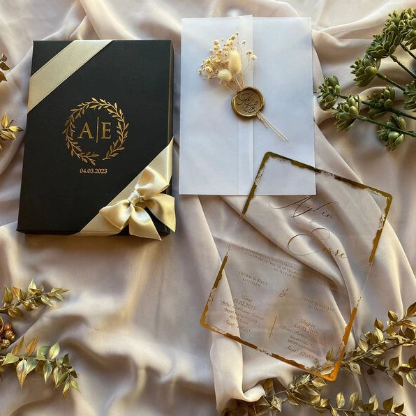 Custom Creative Luxury Vellum Paper Printing Wax Seal & Flower for Wedding Acrylic Invitation Card Velvet Gift Box