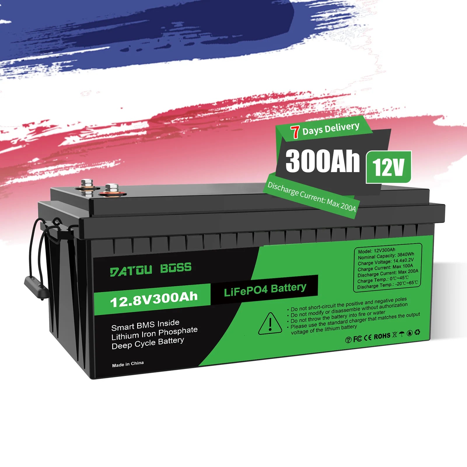 Frenchstock Datouboss 12V 300AH Lifepo4 Batterie Solaire Lithium Battery Pack Storage for RV/ Solar System/Trolling Motor/camper