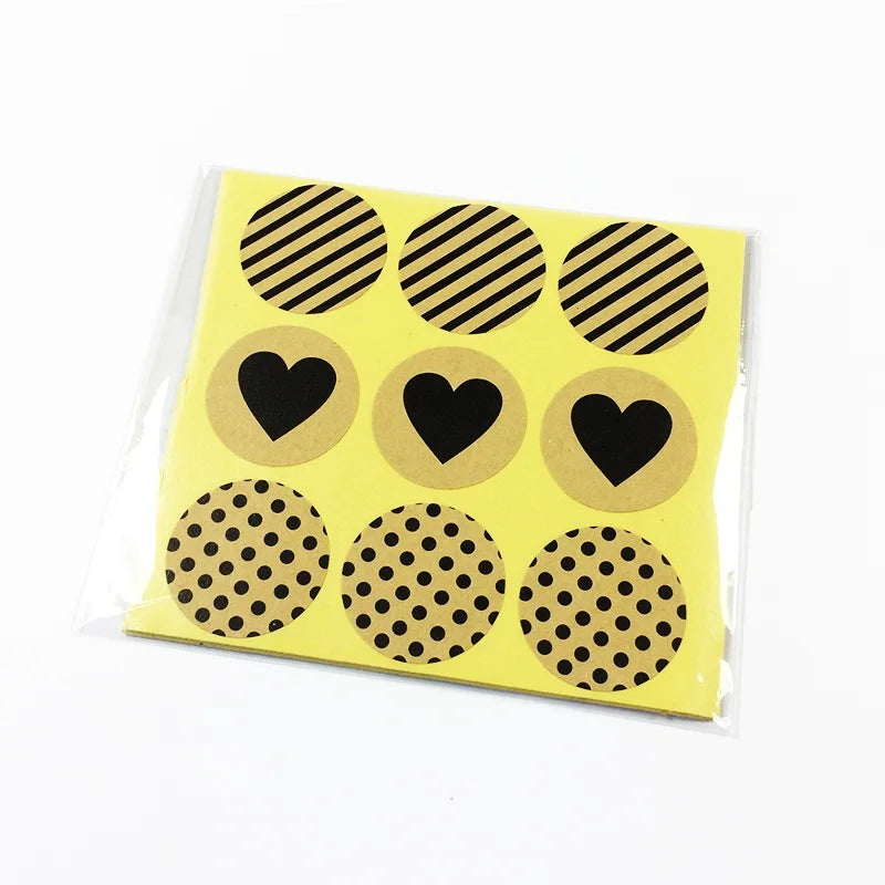 90pcs Per Pack Black Heart Wave Dot Diagonal Stripes Kraft Paper Multifunction DIY Decor Sealing Sticker Products Package Label
