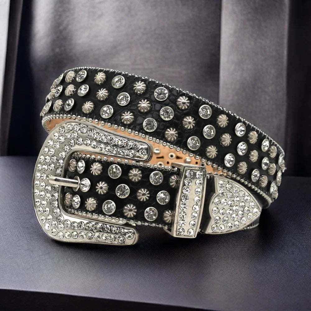 Fashionable Punk Western Cowboy Luxury Rhinestone Designer Men's and Ladies Diamond Alloy Strap High Quality Buckle Silver Belts