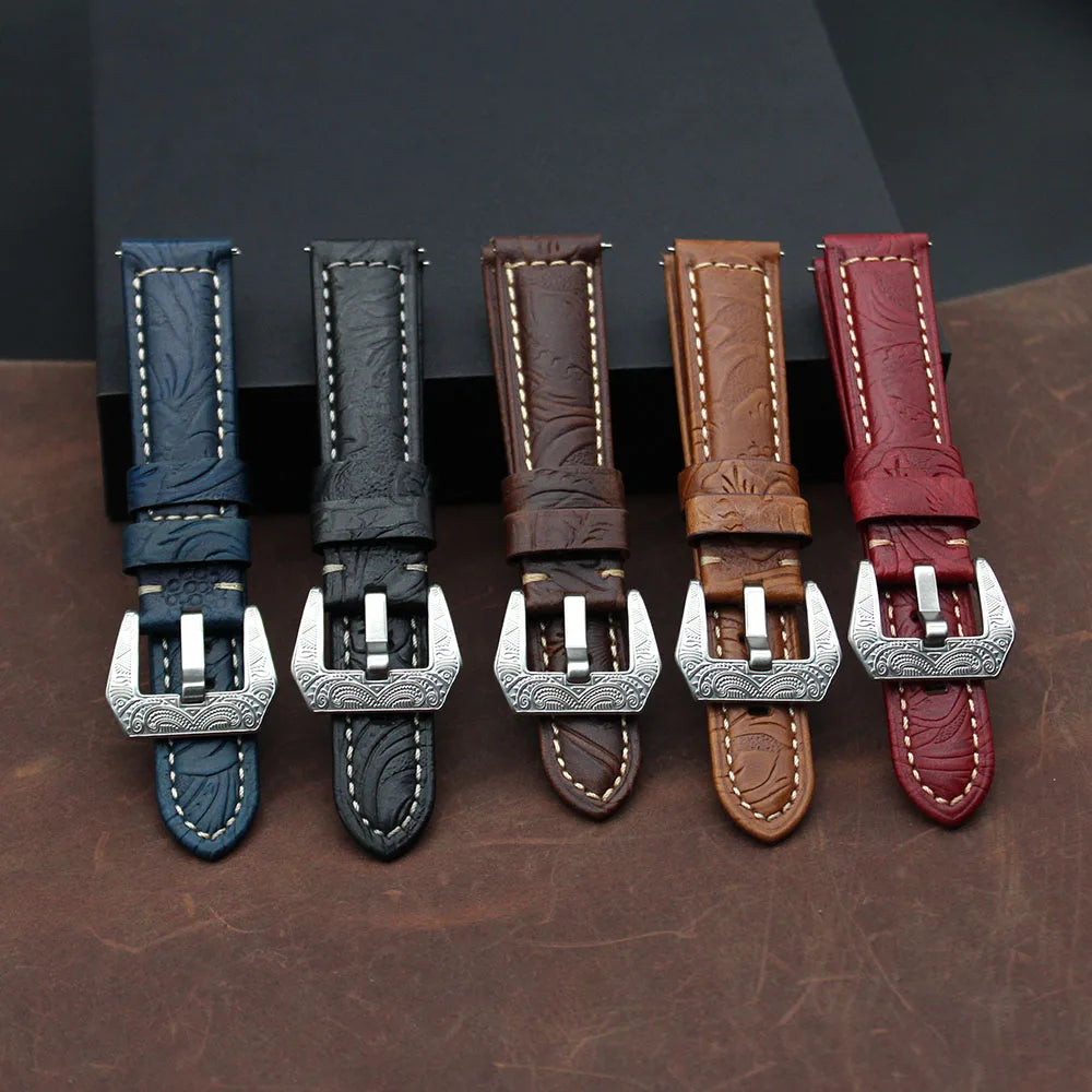 YUNSE Luxury Men Leather Watch Bands 20 22 Decorative Pattern Flowers Embossed Top Grain Leather Watch Straps