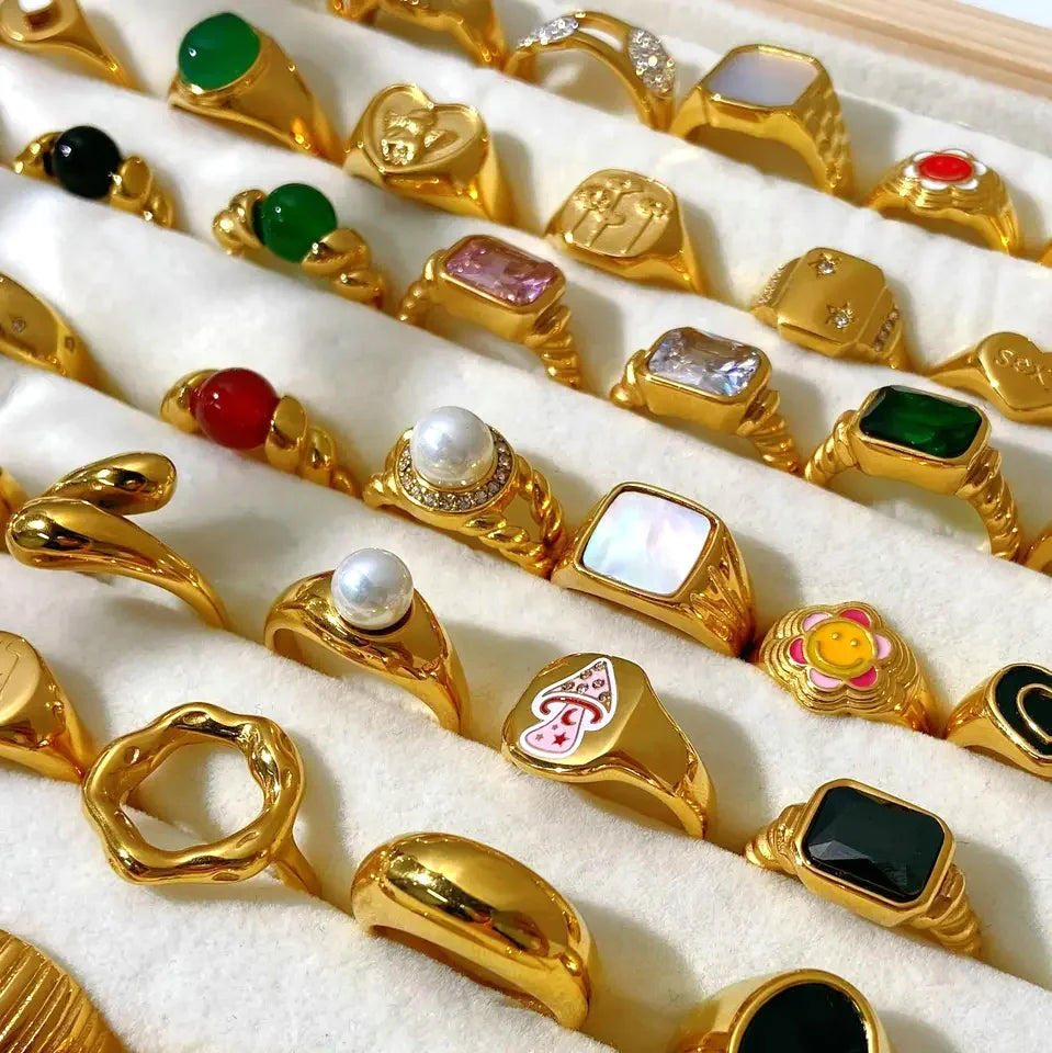 Wholesale 18k Gold Plated Stainless Steel Rings Wedding Statement Jewelry Shell Freshwater Pearl Zircon Rings