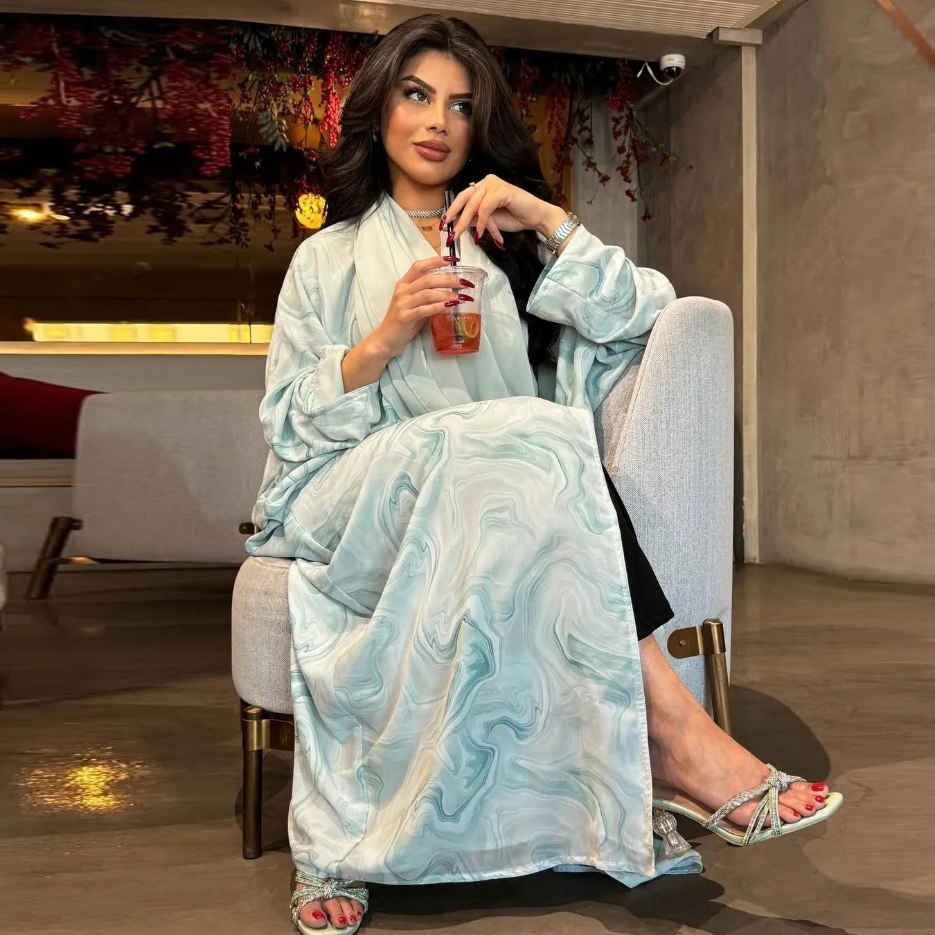 MQ199 Modest Abaya Women Muslim Dress Turkey Chiffon Printed  Long Cardigan Robes Dubai Women Kaftan Dresses with Headscarf