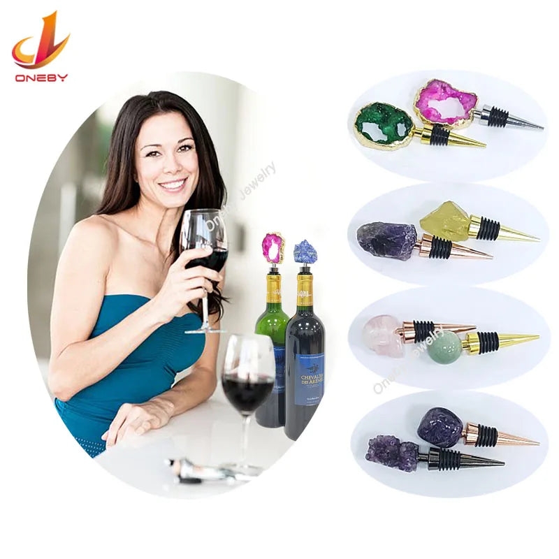 Wholesale Bulk Natural Gemstone Crystal Wine Stopper Feng Shui Design Mosaic Technique Bar Accessories Rose Amethyst Craft Gift