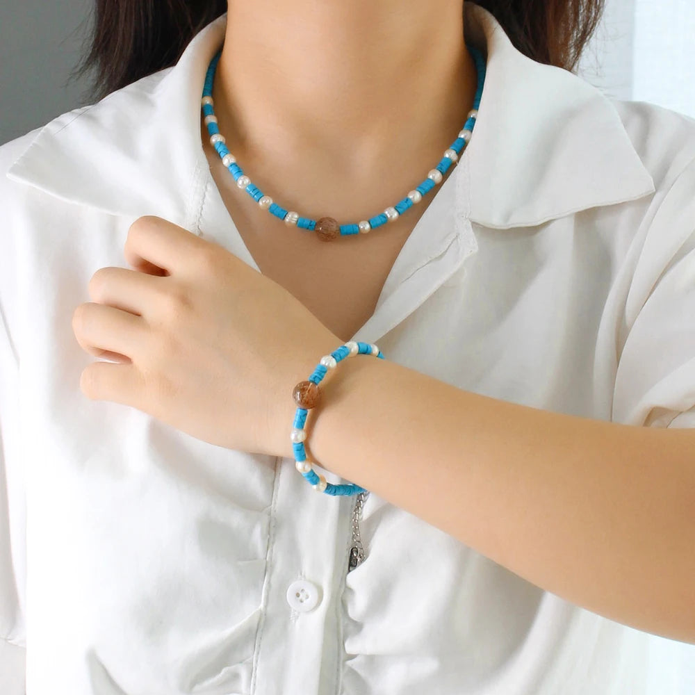 High End Stainless Steel Bohemia Style Turquoise Bead Natural Freshwater Pearl Choker Necklace Bracelet Set