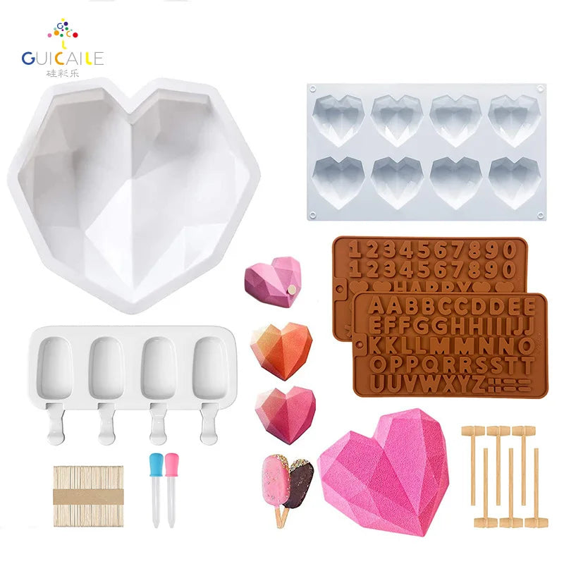 Silicone Cake Chocolate Heart Diamond Mold Set Heart-shaped Cake Mold Heart Baking DIY Epoxy Resin Mold