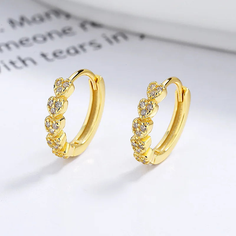 925 Sterling Silver Earring Multiple love Heart Row of Zircon Gold Plated Hoop Earrings for Women Valentine's Day