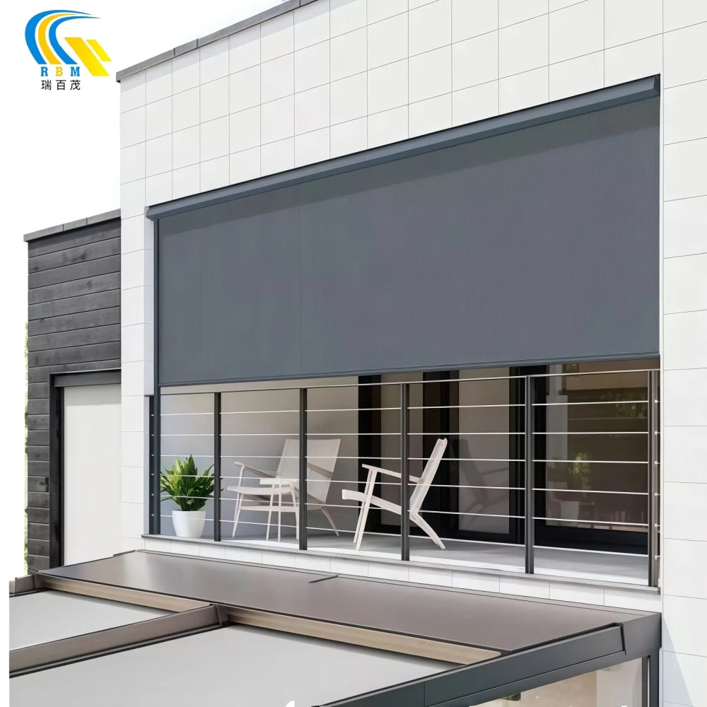 Modern Blackout Motorized Outdoor Roller Blind Waterproof Fabric French Window with Aluminum Alloy Electric Format Black Color