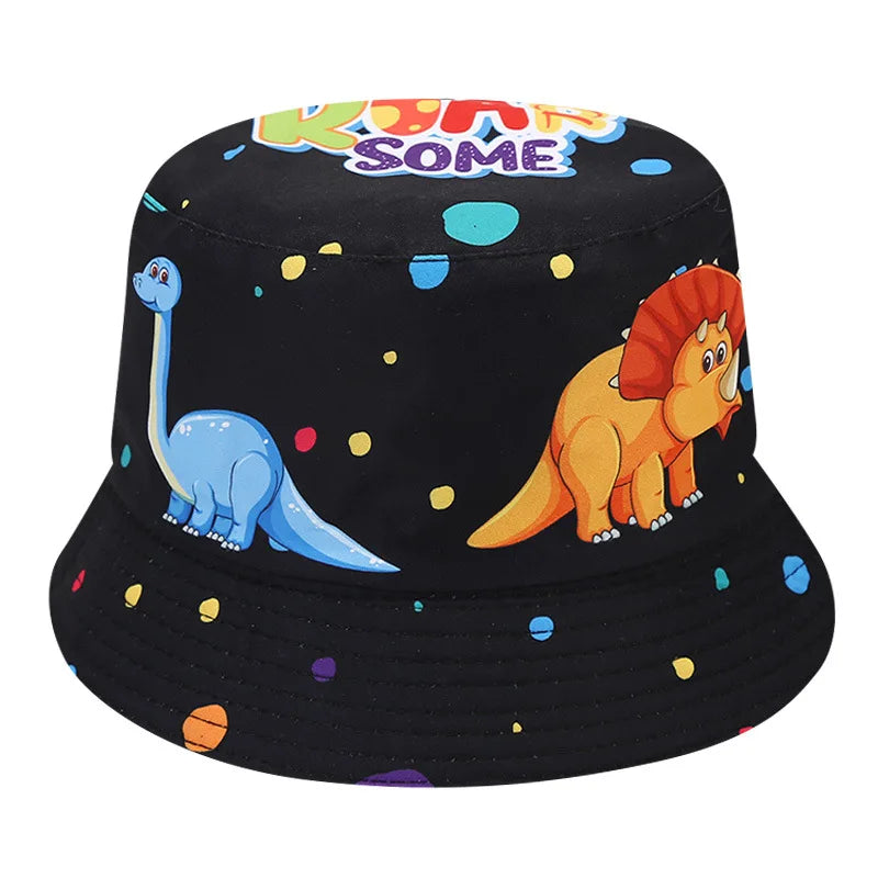 KIDS Summer Outdoor Dinosaur Sun Cap Pattern Double Sides Cap Fisherman Hats Girls Cartoon Unicorn Printing Children Bucket Hat