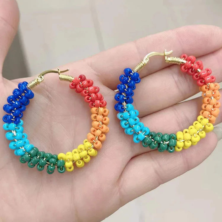 EG1030  Boho 18k Gold Plated Wire Wrapped Rainbow Seed Beaded Hoops Tribal Ethnic Hoop Earrings