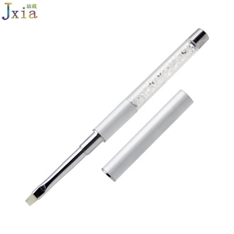 Custom Logo White Metal Handle Crystal Design 4# Flat Square Nail Art Gel Brush