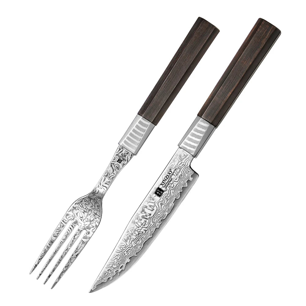 XINZUO Custom Damascus Steel Ebony Wood Handle Steak Knife and Fork Set New Cutlery