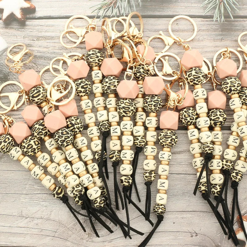 Mother's Day Gift Designer Leopard Bead Mama Keychain Monogram Gift Keychain for Mom