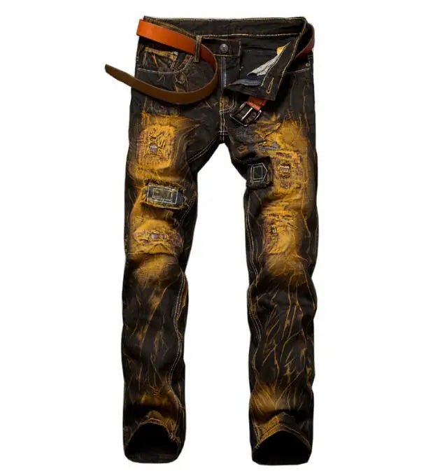 Men's Retro Distressed Denim Pant Slim Fit Straight Leg Men's Jeans Fashion Streetwear Ripped Patch Jeans