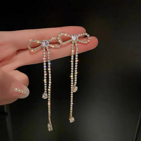 SC New Arrival Trendy Long Rhinestone Tassel Earrings Korean Gold Silver Bowknot Earrings Fashion Zircon Bow Earrings for Girls