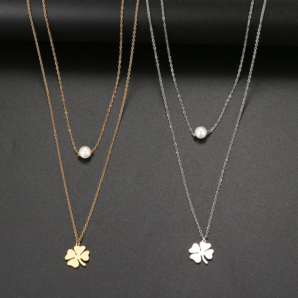 Stainless Steel Necklaces Fashion Pendant Multiple Layered Style Lovely Pearl Clover Chain Necklace for Women Jewelry Party