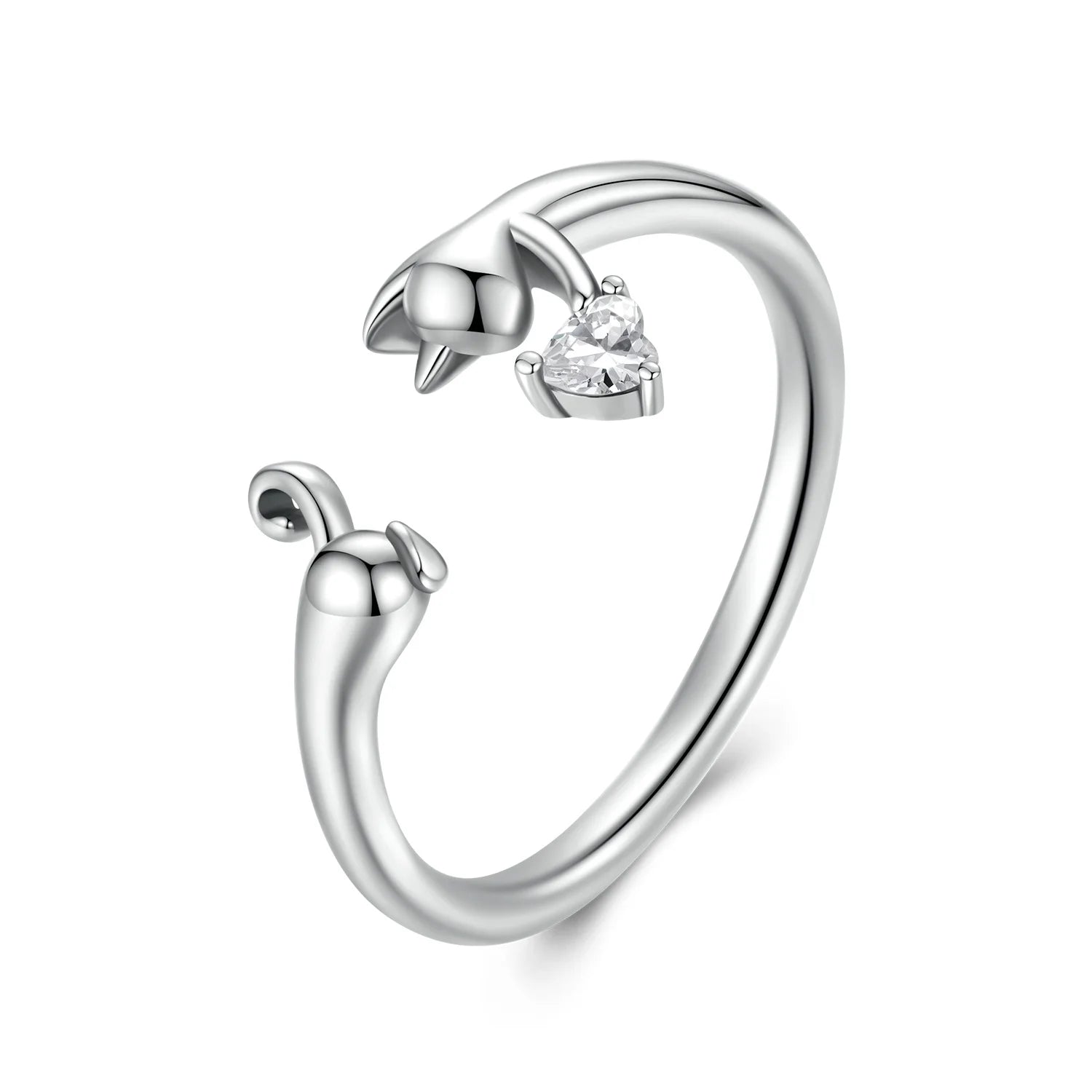 925 Sterling Silver Cute Cat Open Ring Heart Zircon Adjustable Band for OL Women Party Original Fine Jewelry SCR1116-E