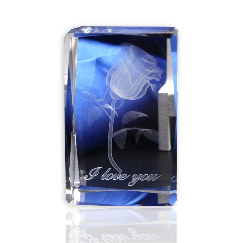 Romantic 3d Laser Words Rose Flower Crystal Glass Cube for Girl Friend or Valentine's Day Gift