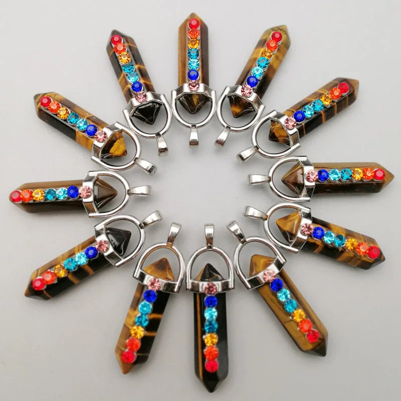 DIY Hottest sale customized Hexagonal column Gemstone Reiki Dowsing Healing Stone Necklace Pendulums carving craft healing crystals