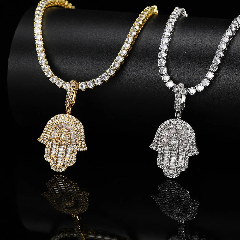 High Quality Hip Hop Jewelry CZ Iced Out Diamond Hand of Fatima Hamsa Pendant Necklace