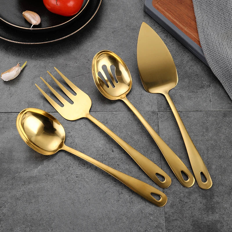 Daoqi Modern Luxury Gold Eco-Friendly 4-Piece Stainless Steel Serving Fork and Spoon Set for Buffet Dining