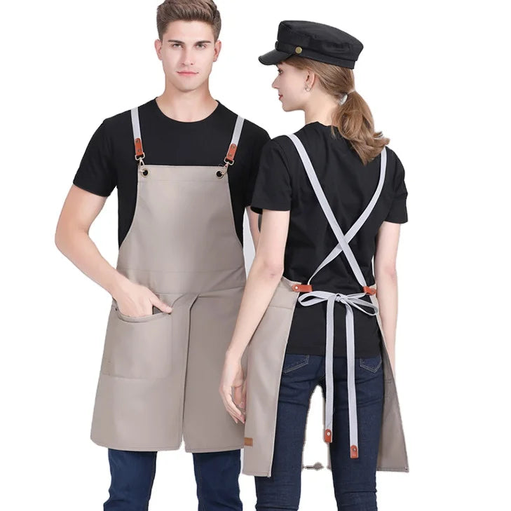 Breathable Durable Cotton Quality Detachable Back Cross Shoulder Strap Multi Pockets Leg Split Bottom Vent Bib Apron Sanitary