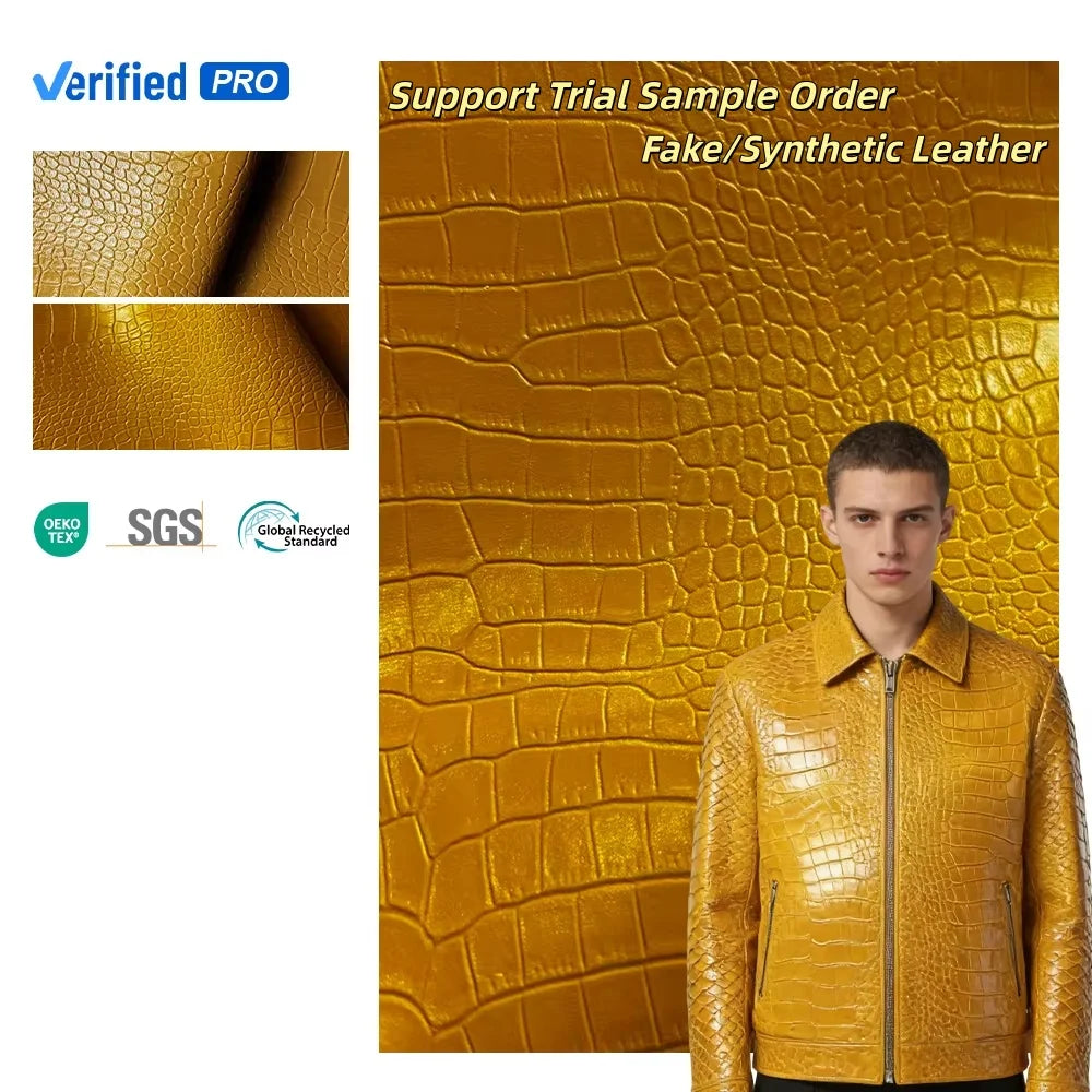 Factory Stock Crocodile Textured/Alligator Pattern PU Leather Polyester Backing Leather Fabric for Clothing Garments Material
