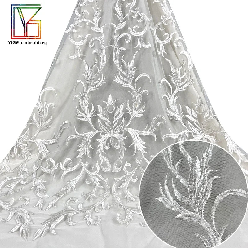 Women Dresses Fabric White Embroidery Voile Polyester Material With Sequin Lace Fabric