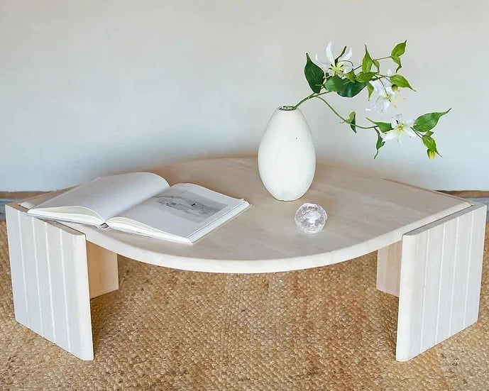 Eye Shaped Beige Travertine Marble Coffee Table Top Two Separate Pieces Base