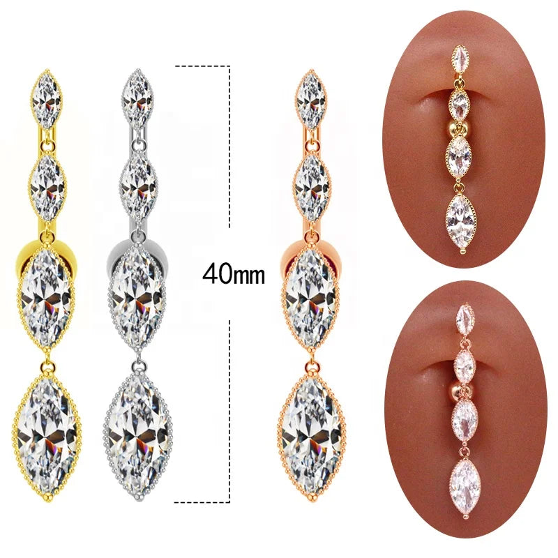 Gaby Top Mount Marquise Dangle Belly Button Ring Stainless Steel with Gold Plating Fashion Jewelry Piercing with Zircon Drop