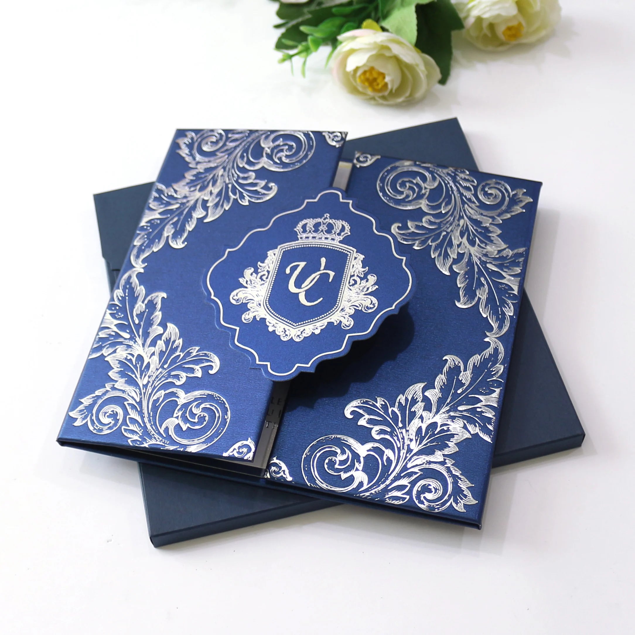 Luxury Navy Blue Folio Paper Hardcover Wedding Invitation Cards With Envelope Handmade Silver Foil RSVP Card