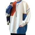 Autumn Winter Men's Fashion Thin Knitted Pullovers Patchwork Design Casual Korean Streetwear with Round Crew Neck Print