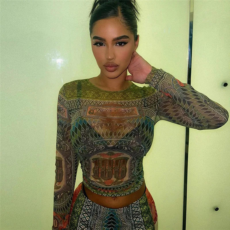 Autumn Printed Knit Long Sleeve High Waist Pants Slim Casual 2 Piece Set Women Fall