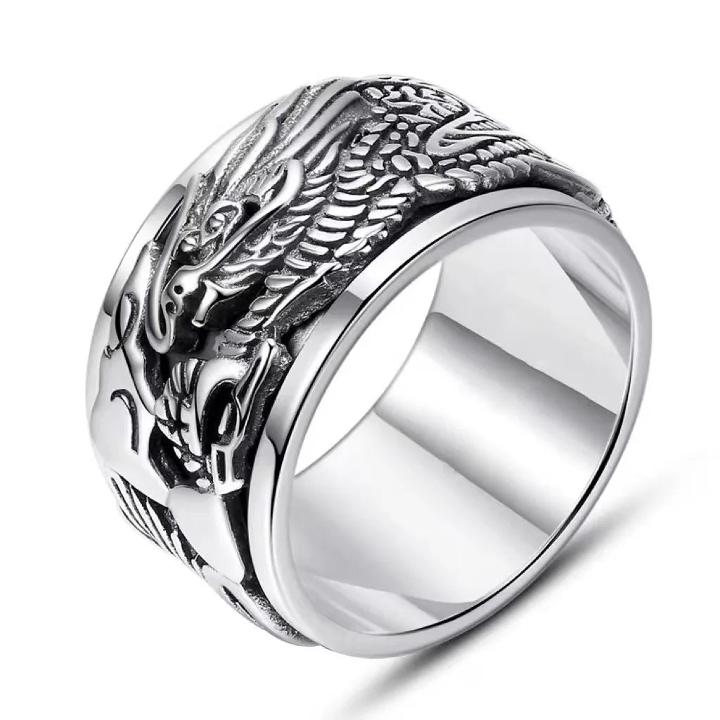 Thai Silver Plated Ring Vintage Domineering Wide Face Auspicious Dragon Men's Ring Tide Rotating Turn Closed Index Finger Ring