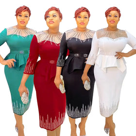 K0082 Africa Women Office Slim Dress With Belt Turkey Two Pieces Dresses Sets for Woman Plus Size Lady Evening Robe