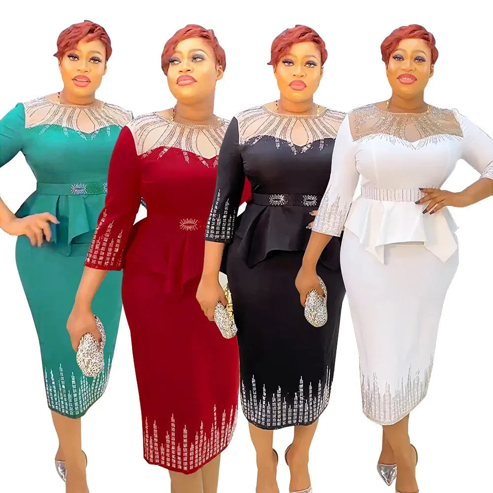 K0082 Africa Women Office Slim Dress With Belt Turkey Two Pieces Dresses Sets for Woman Plus Size Lady Evening Robe