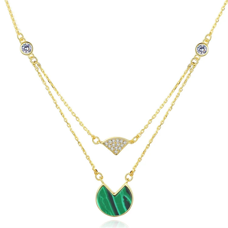 Fine Jewelry Green Gemstones Necklace 925 Sterling Silver 18k Gold Layered Malachite Pendant Necklace
